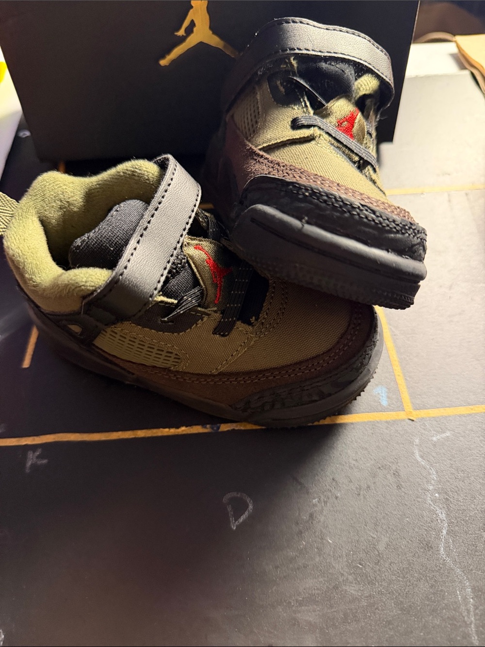 Jordan Kids Olive Green and Black Sneakers with Red Jumpman Accent